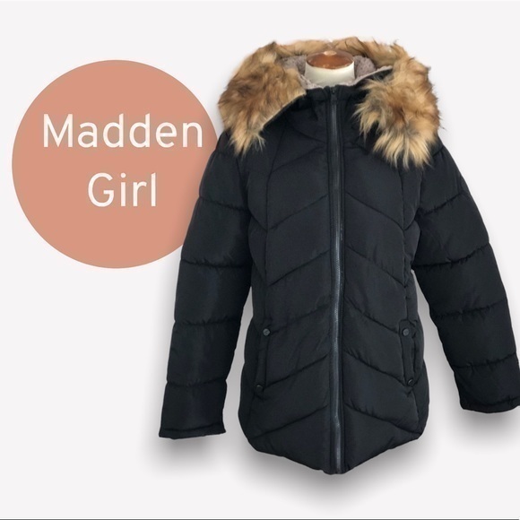 Madden Girl faux fur trim hooded puffer coat - Picture 1 of 17